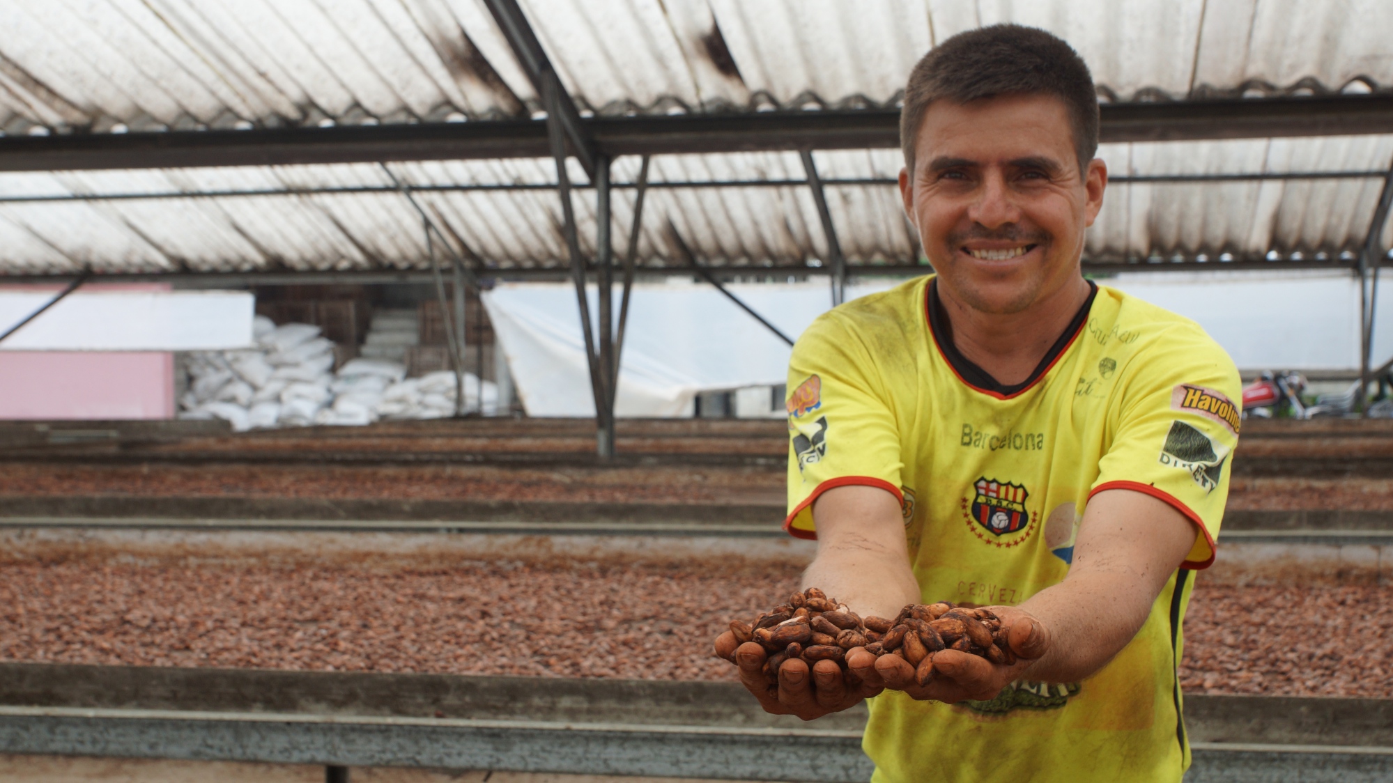 Man holding up cacao seed in Ecuador